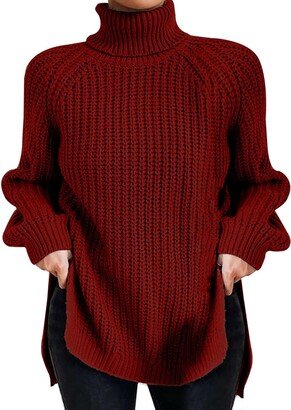 Generic Women's Fashion High Neck Solid Color Pullover Knit Sweater with Split Hem and Bell Sleeves Unveil Sweater (Red