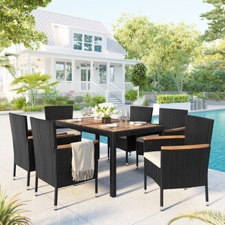 Jims Maison 7 Pieces Outdoor Wicker Patio Dining Sets with Stackable Armrest Chairs and Cushions