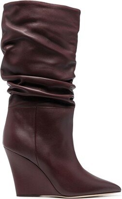 100mm Leather Gathered-Design Wedge Boots