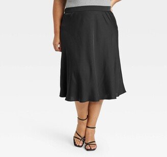 Women' Satin Midi A-Line Skirt Black 1X