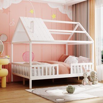 Calnod Full Size House Shaped Canopy Bed with Fence - Solid Wood Slats Support - Adorable Style for Kids' Bedroom Furniture-AA