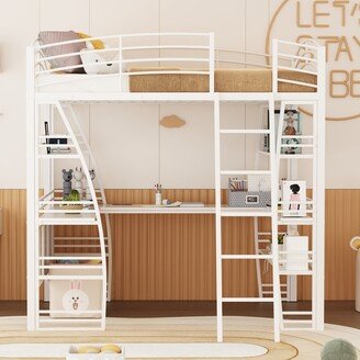 GREATPLANINC Full Size Metal Loft Bed with Shelves & Desk, Power Outlet, White