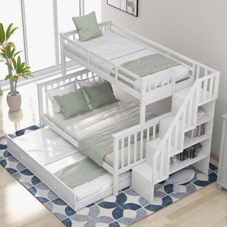 EDWINRAY Stairway Twin-Over-Full Bunk Bed with Twin Trundle, Storage and Guard Rail, White