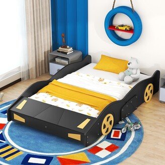 EDWINRAY Full Size Race Car-Shaped Platform Bed with Wheels and Storage, Black