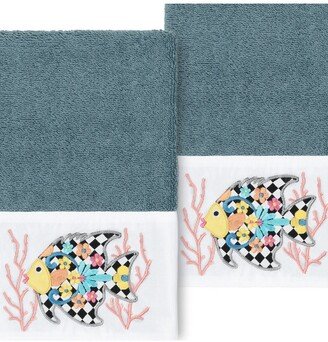 Feliz Embellished Hand Towel - Set of 2 - Teal