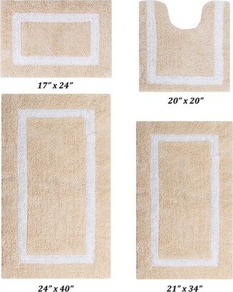 Hotel Reversible Bath Rug, 100% Cotton, 4 Piece Set (17 x 24 | 20 x 20 | 21 x 34 | 24 x 40), Sand/White