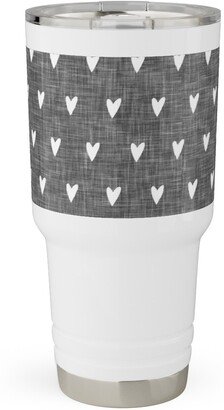 Travel Mugs: Hearts On Grey Linen Travel Tumbler, 30Oz, Gray