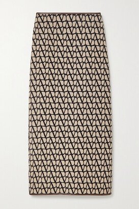 Leather-trimmed Canvas-jacquard Maxi Skirt - Brown