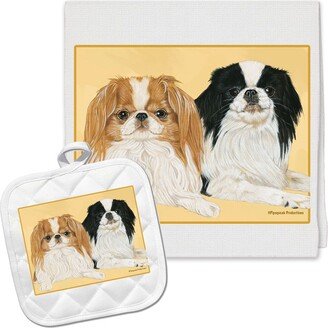 Japanese Chin Kitchen Dish Towel & Pot Holder Gift Set