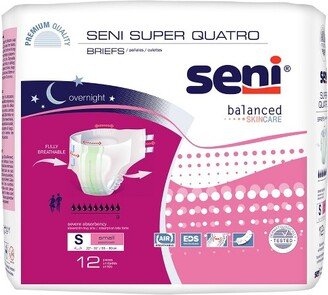 Seni Super Quatro Incontinence Briefs, Overnight Protection, Unisex, Small, 12 Count, 4 Packs, 48 Total