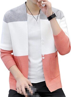 Vsadsau Men's Spring and Autumn Knitted Cardigan Sweater Striped Round Neck Long Sleeve Jacket pnnrk L