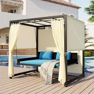 TOSWIN 2-3 People Outdoor Upholstered Swing Bed, Patio Swings with Adjustable Curtains and Steel Frame Support for Balconies, Gardens