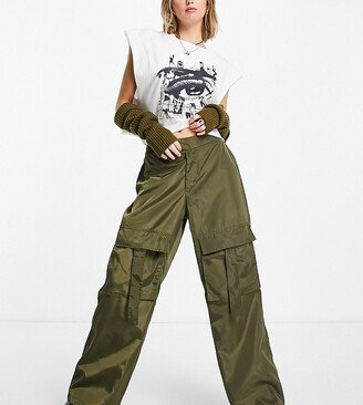 I Saw It First Petite nylon wide leg cargo pants in khaki