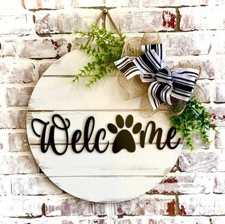 Welcome With Paw Print Door Hangers Wreath - Farmhouse Shiplap Dog Cat Pet Door Hanger