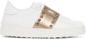 White & Bronze Rockstud Open Sneakers