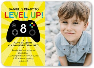 Boy Birthday Invitations: Level Up Birthday Invitation, Yellow, 5X7, Matte, Signature Smooth Cardstock, Rounded