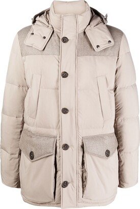Contrasting-Panel Feather-Down Coat