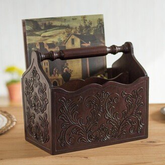 Handmade Colonial Vines Wood And Leather Magazine Rack