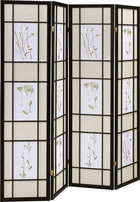 4 Panel Screen with Floral Print Detailing and Wooden Frame, Black