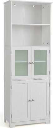 Tangkula Bathroom Tall Storage Cabinet Linen Tower w/ Glass Door & Adjustable Shelf White