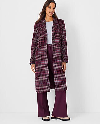 Plaid Wool Blend Tailored Chesterfield Coat