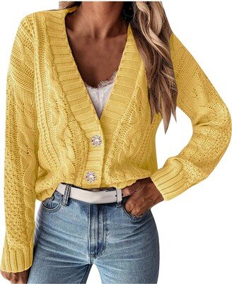 Generic Women Fall Knit Cardigan Deep V-Neck Sexy Pretty Solid Color Button Loose Baggy Long Sleeve Blouse Outwear Jacket Sales Today Clearance Prime Only Yellow