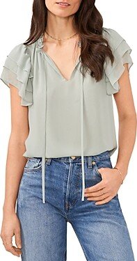 Flutter Sleeve Tie Neck Blouse