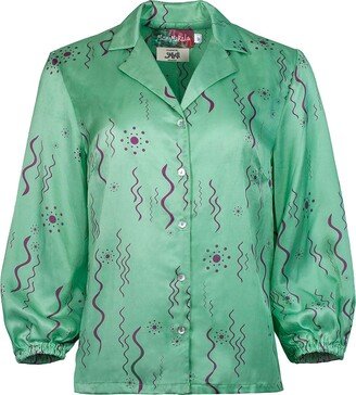 Manimekala Green Silk Satin Blouse With Abstract Print