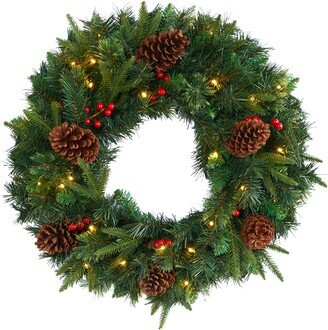 24in. Mixed Pine Artificial Christmas Wreath with 35 Clear LED Lights and Berries