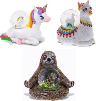 Unicorn, Sloth, Llama Snow Globe Set of 3 - 45mm - 3.5 H x4 Lx 3.5W