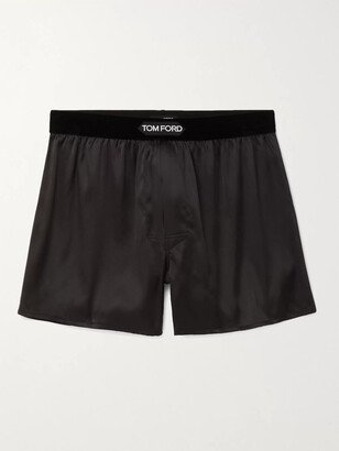 Velvet-Trimmed Stretch-Silk Satin Boxer Shorts