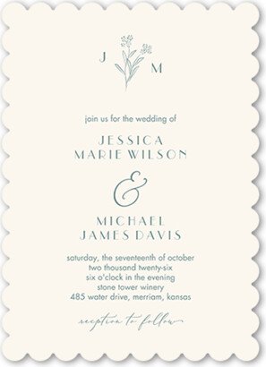 Wedding Invitations: Simple Sprig Wedding Invitation, Blue, 5X7, Pearl Shimmer Cardstock, Scallop