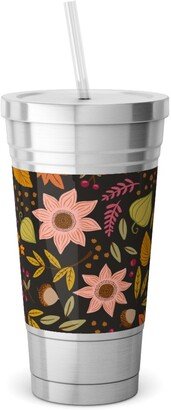 Travel Mugs: Autumn Floral - Dark Stainless Tumbler With Straw, 18Oz, Multicolor