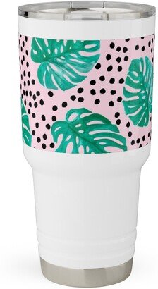 Travel Mugs: Tropical Monstera - Pink Travel Tumbler, 30Oz, Pink