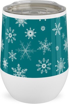 Travel Mugs: Snowflakes On Emerald Stainless Steel Travel Tumbler, 12Oz, Green