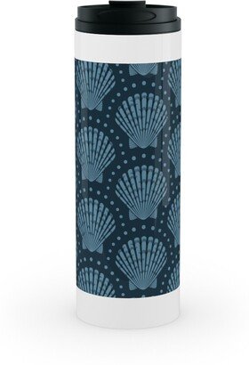 Travel Mugs: Pretty Scallop Shells - Navy Blue Stainless Mug, White, 16Oz, Blue