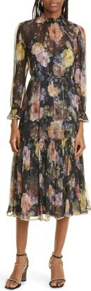 Floral Long Sleeve Silk Chiffon Dress