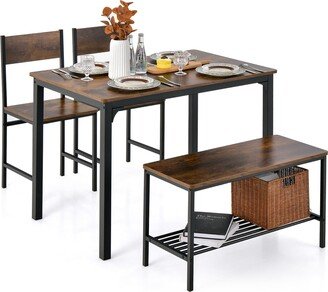 4pcs Dining Table Set Rustic Desk 2 Chairs & Bench with