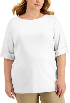 Plus Size Cotton Elbow-Sleeve Top, Created for Macy's