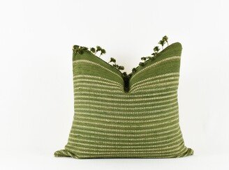 Chandler Olive - Olive Green Silk With Cream Stripe Pom Pillow Cover