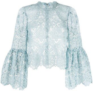 Floral-Lace Guipure Flute-Sleeve Blouse