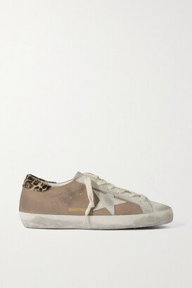 Super-star Distressed Calf Hair-trimmed Nubuck And Suede Sneakers - Brown