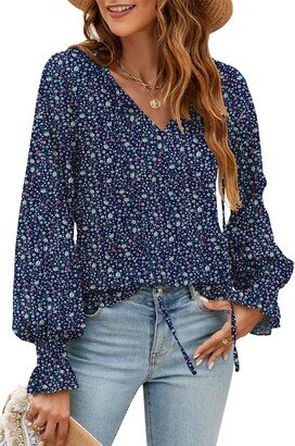 SimpleFun Spring Tops for Women 2023 Trendy Bobo Floral Blouses Lantern Sleeve V-Neck Shirts (Z-Navy Blue