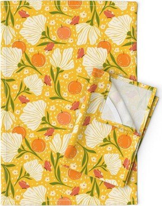 Yellow Floral Tea Towels | Set Of 2 - The Sunshine Garden By Mitalimdesigns Orange Citrus Linen Cotton Spoonflower