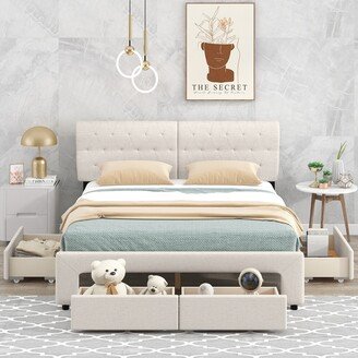 TOSWIN Queen Size Upholstery Platform Bed with 4 Drawers, No Box Spring Needed