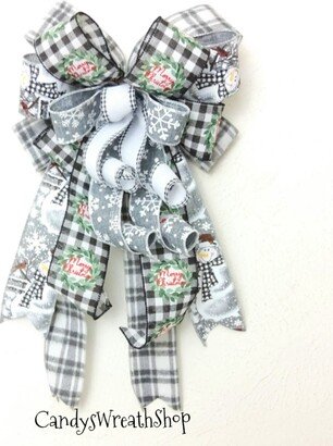 Christmas Snowman Bow, Farmhouse Lantern Wreath Buffalo Plaid Decor, Tree Topper Bow