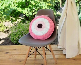 Middle Pink Evil Eye Pillow, Crochet Decorative Round Plush Stuffed Throw Good Luck Charm, Housewarming Gift