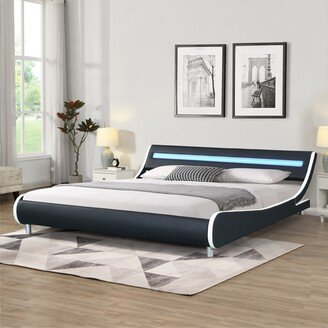 GEROJO King Size Faux Leather Upholstered Platform Bed with LED Lighting, Curve Design, Solid Wooden Slat Support, Bedroom Furniture