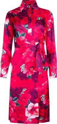 Hibiscus-Printed Satin Shirt Dress