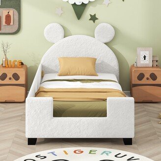 GREATPLANINC Twin Size Teddy Fleece Platform Bed Upholstered Daybed Kids Bed, White/Black